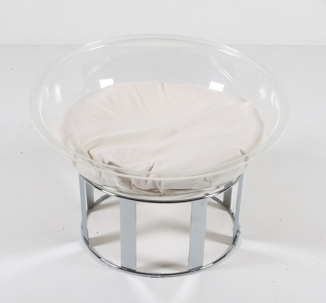 LUCITE & CHROME BOWL CHAIR: Set on round chrome steel stand. White fabric cushion. Contemporary. Dimensions: H 17.75" x Dia. 32". Condition: Minor signs of wear consistent with regular use.