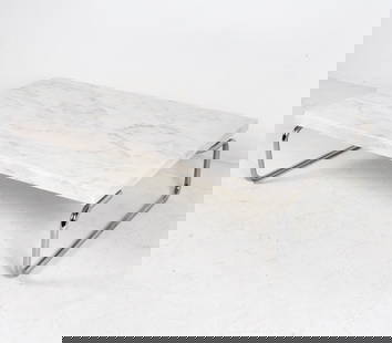 MICHAEL MCCARTHY FOR CASSINA MARBLE COFFEE TABLE: For Cassina. Tubular chromed steel base with solid white marble top. Apparently unmarked. Circa 1970's. Dimensions: H 14" x W 51.25" x D 31". Condition: Minor scuffs and rubs to chrome. Chips and rubs