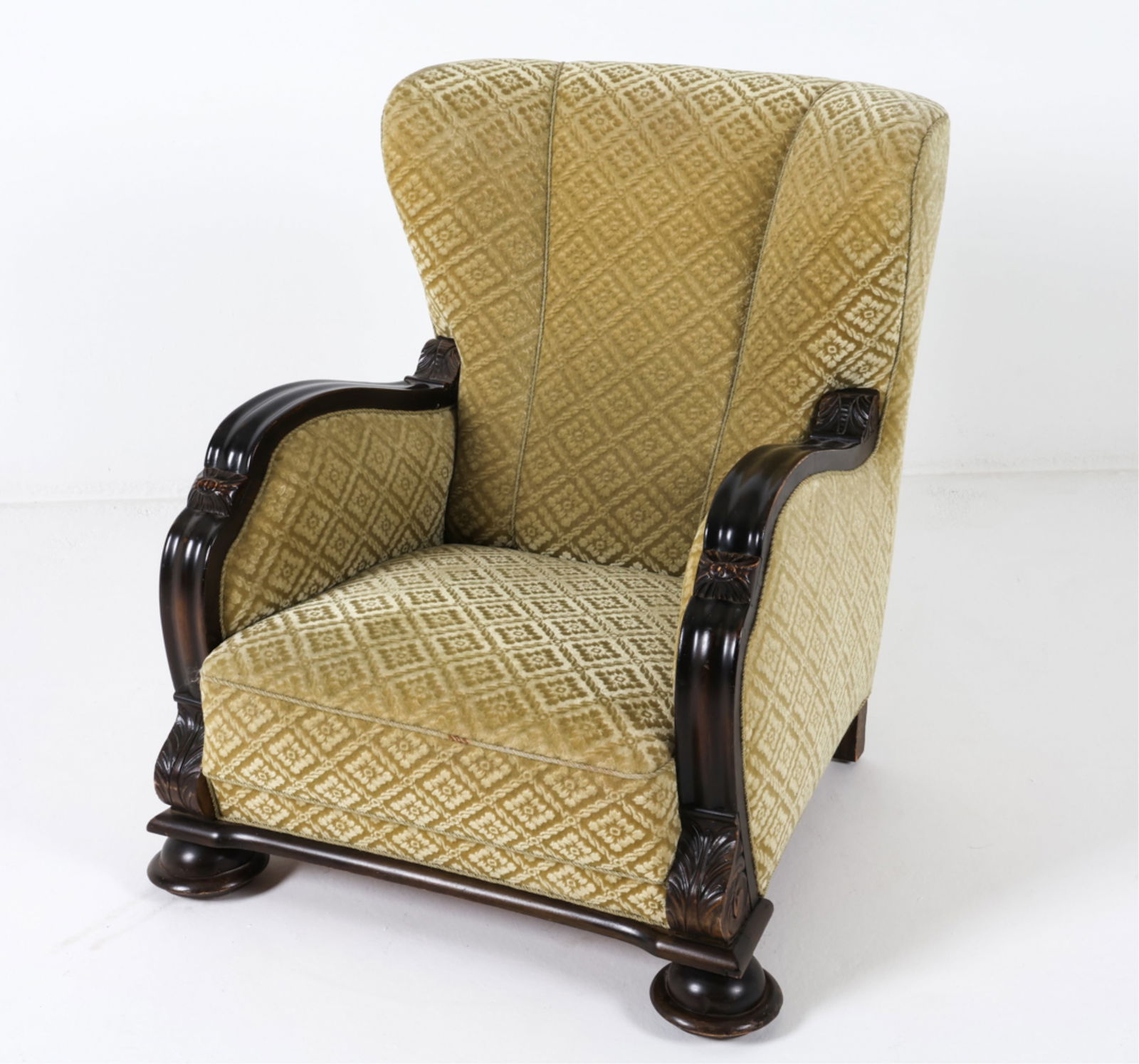 GERMAN MOHAIR VELVET CARVED OAK WINGBACK CHAIR 40S (1 of 13)