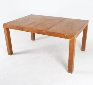 MID-CENTURY BURL WALNUT EXPANDING DINING TABLE