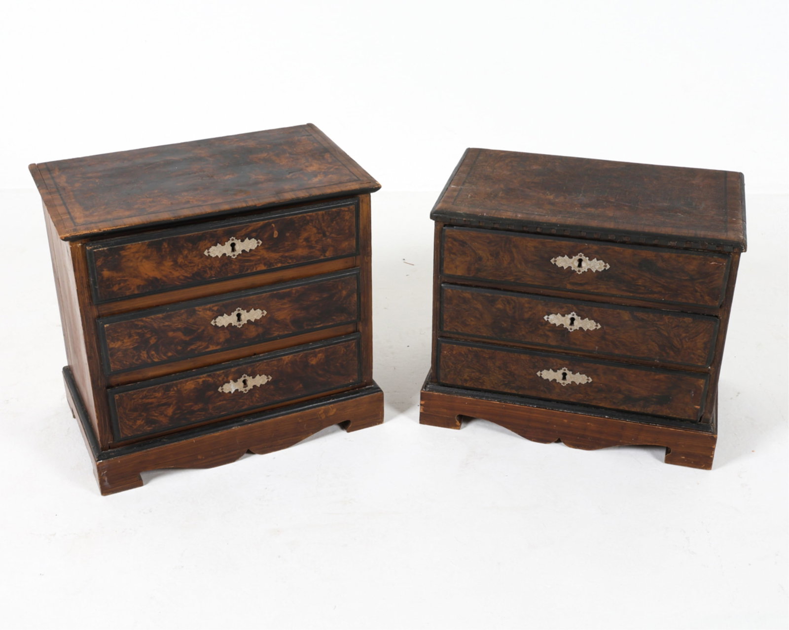 ANTIQUE PAINT-DECORATED NIGHTSTANDS: Key included. Dimensions: Tallest H 18" x W 19.5" x D 12.25". Condition: Scattered chips and scratches, some separation between joinery. Minor surface soiling inside drawers. Wear consistent with age 