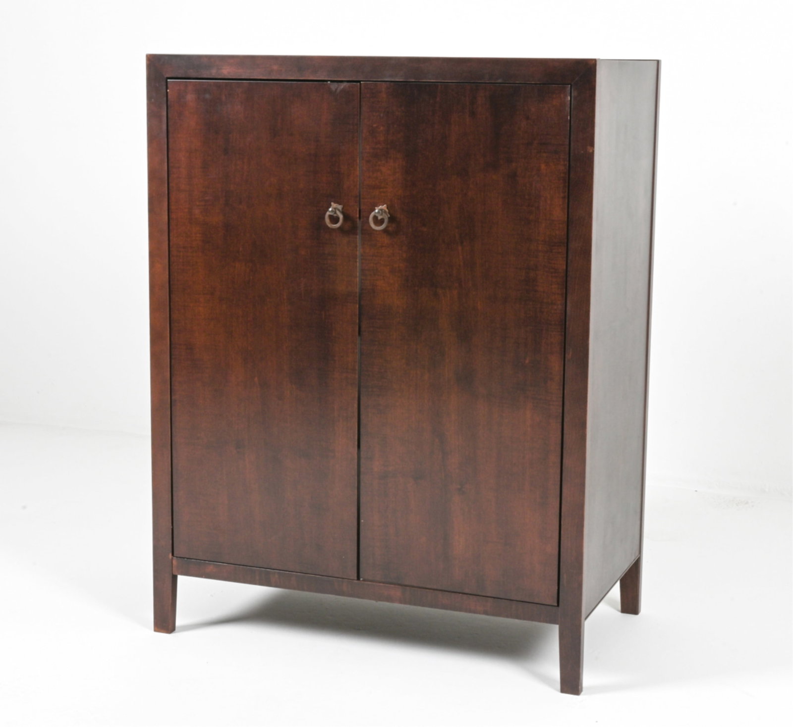 WALNUT VENEER MEDIA CABINET: Shelves adjustable. Doors slide into compartments on side. Contemporary. Dimensions: H 40" x W 30.25" x D 17.25". Condition: Right door sits slightly askew when closed.