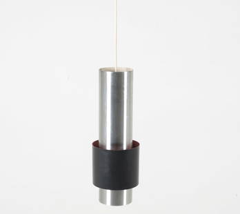 CYLINDRICAL PENDANT LIGHT BY JO HAMMERBORG: For Fog & Morup. brushed aluminum with painted center piece. Tag viewable inside. Circa 1960's. Dimensions: H 16" x Dia. 5.5". Condition: Wiring untested, European plug. Requires adapter or rewiring f