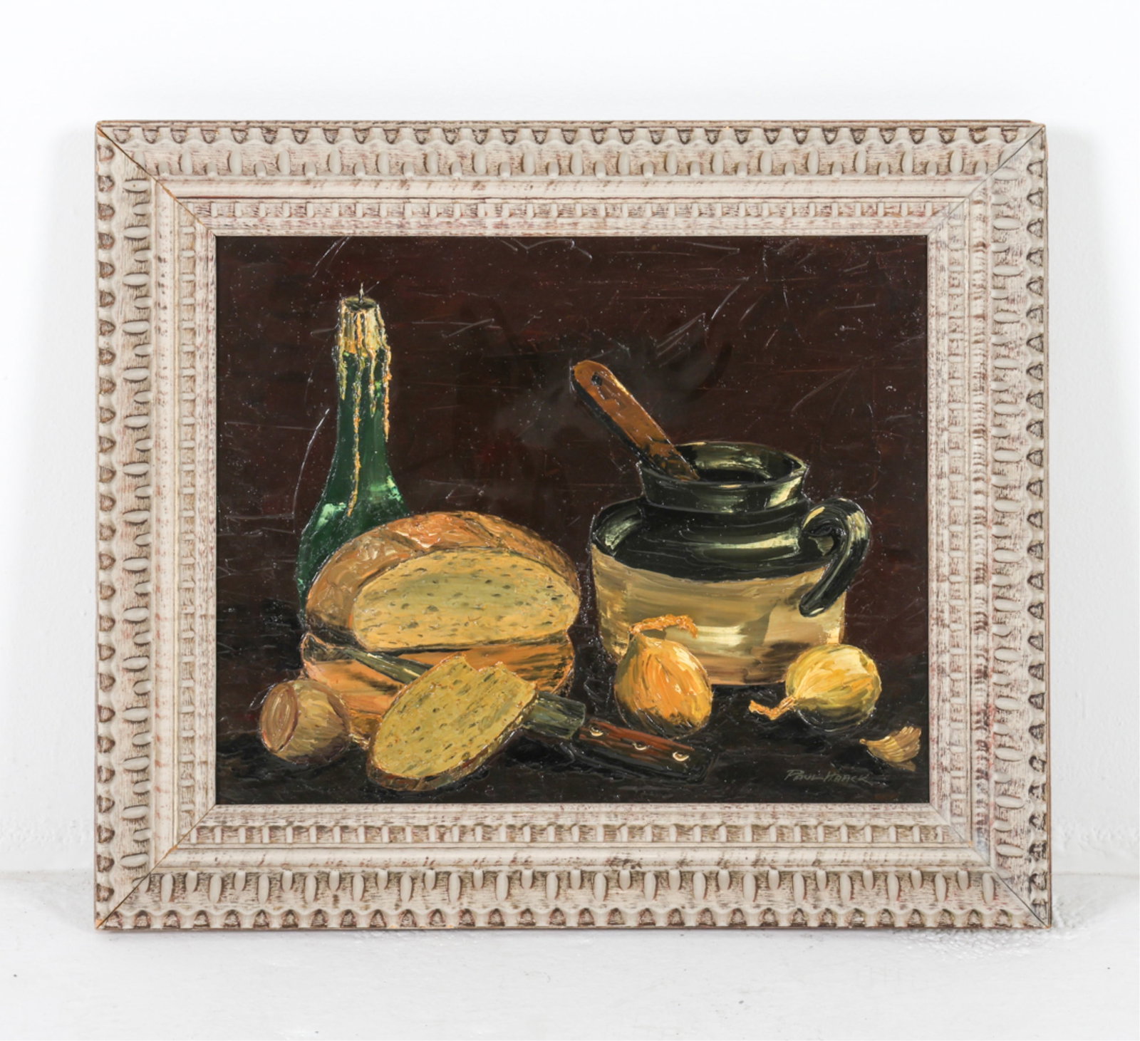 VINTAGE STILL LIFE O/C PAINTING: Signed by the artist in lower right corner. Late 20th century. Dimensions: Frame H 22.5" x W 26". Canvas H 16.25" x W 20.25". Condition: Few chips to frame, scattered dings and scuffs. Wear consistent