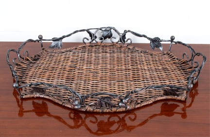 VINTAGE METAL AND RATTAN WOVEN TRAY