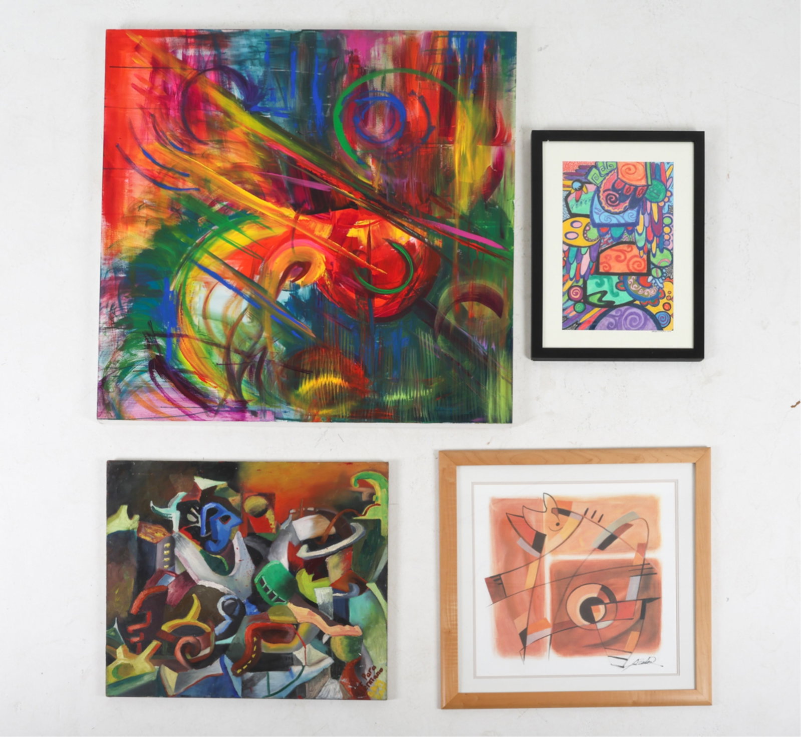 ABSTRACT PAINTING GROUPING: Late 20th century, early 21st. Dimensions: Largest H 48.25" x W 48.25". Condition: Few scuffs and rubs on edges, few dings on frames.