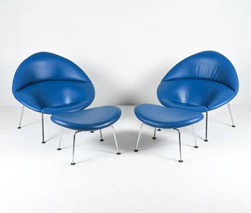 (2) PIERR PAULIN "GLOBE" LOUNGE CHAIRS & OTTOMANS: Elevate your interior with this stunning pair of vintage Pierre Paulin Globe Chairs for Artifort, complete with matching ottomans. These iconic chairs are a testament to the brilliance of Pierre Pauli