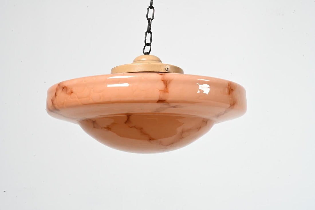 ART DECO MARBLED PINK GLASS PENDANT CHANDELIER: Step into an era where elegance was etched into every detail with this stunning Dutch Art Deco Marbled Pink Glass Pendant Chandelier. Dating back to the 1930s, this masterpiece harks back to a time wh