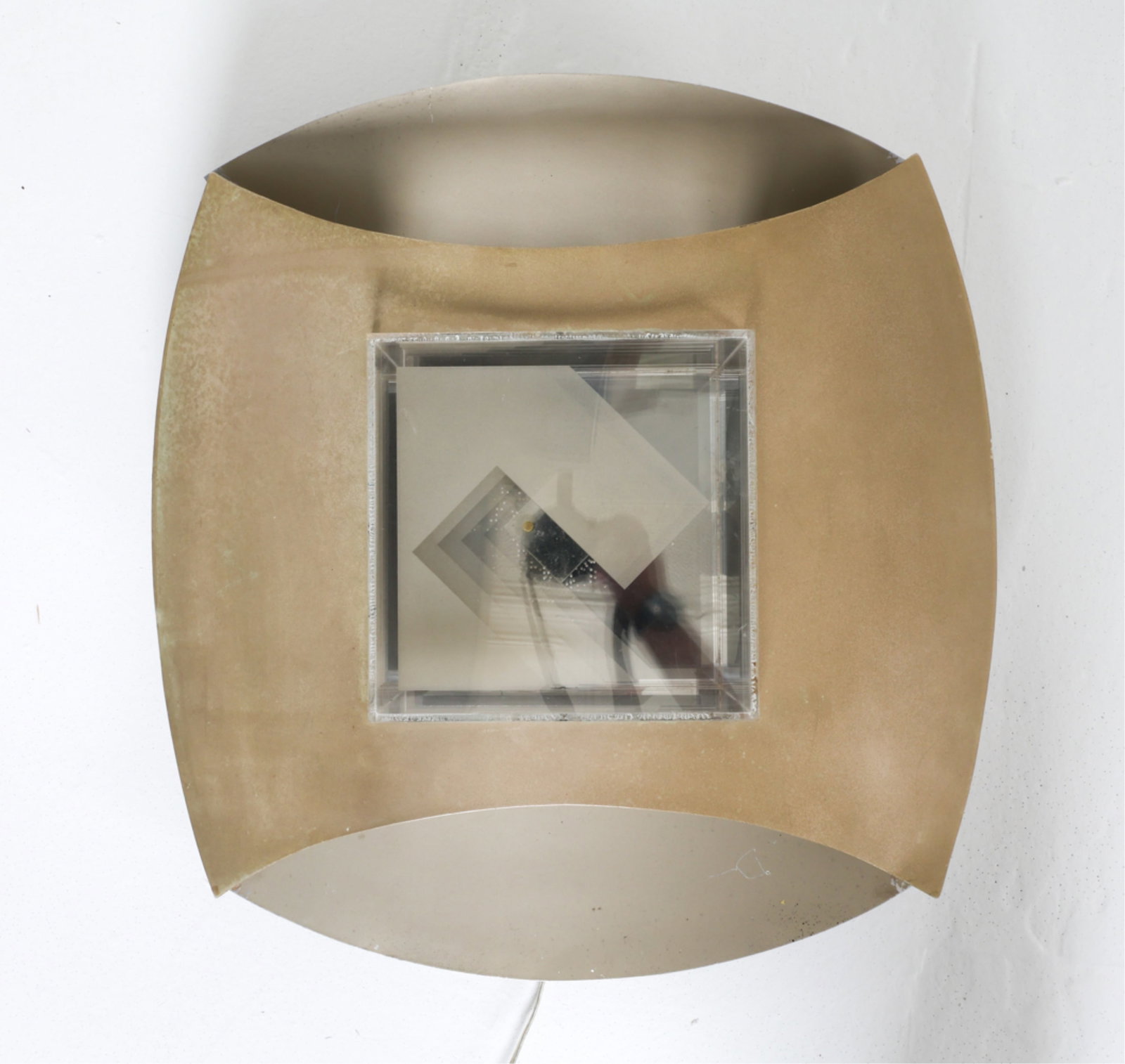 1976 METAL AND LUCITE LIGHT SCULPTURE: Signed on top and side of lucite piece, dated '1976'. Dimensions: H 9.25" x Dia. 22.5". Condition: Requires rewiring. Some scratches, dings, scuffs. Wear consistent with age and display.