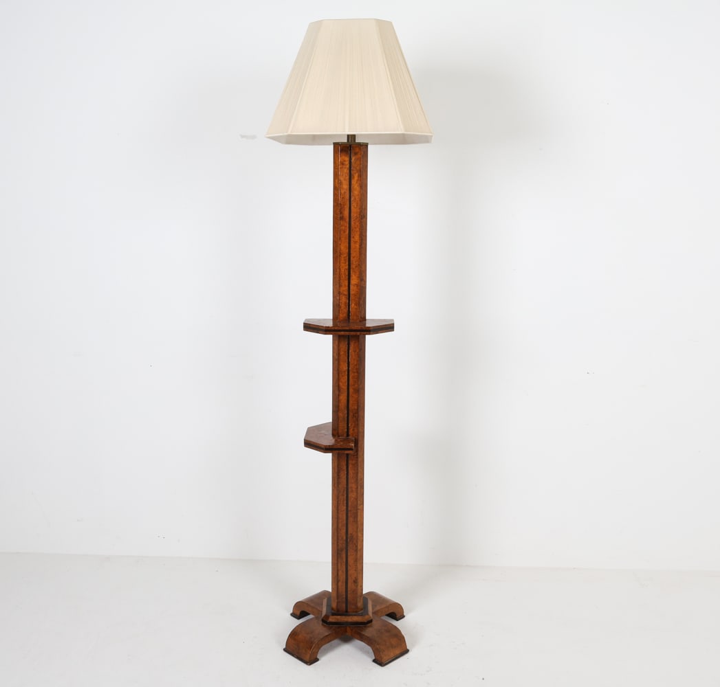 ART DECO SCULPTURAL BURL VENEER FLOOR LAMP: Dimensions: H 73" x W 16.5" x D 16.5". Condition: Some losses to veneer in places. Scuffs, rubs, dings. Wiring untested. Missing finial piece. Wear consistent with age and use.