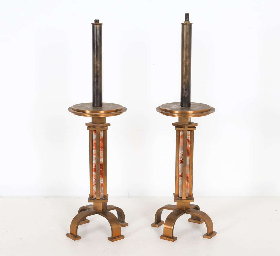 (2) MID-CENTURY BRASS AND ONYX LAMP BASES: Dimensions: H 21.5" x Dia. 6.75". Condition: Great candidate for restoration. Some scuffs, minor surface soiling, scattered dings. Wear consistent with age and use.