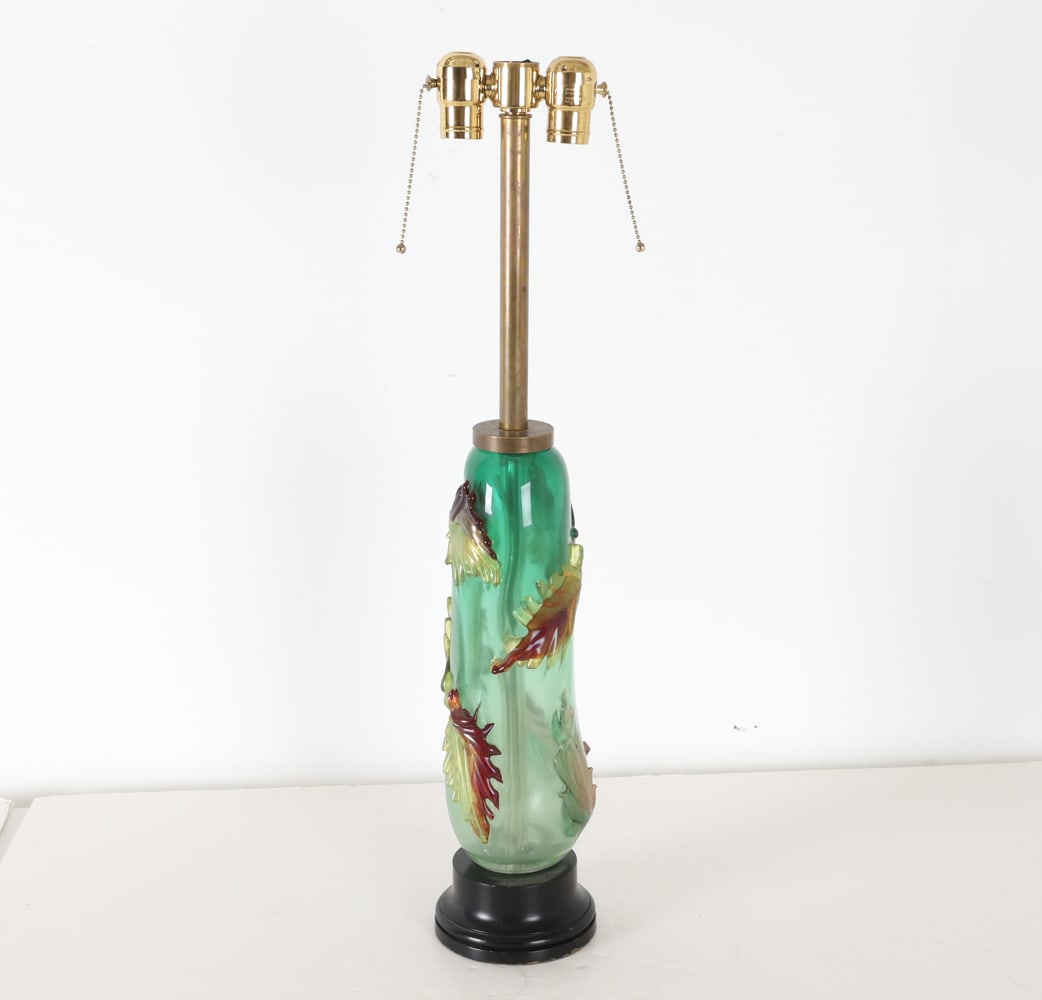 ITALIAN BLOWN GLASS APPLIED LEAVES TABLE LAMP: Art glass with leaves on wooden base. Mid 20th century. Dimensions: H 28" x Dia. 4.75". Condition: Wiring untested. Missing top finial. Wear consistent with age and use.
