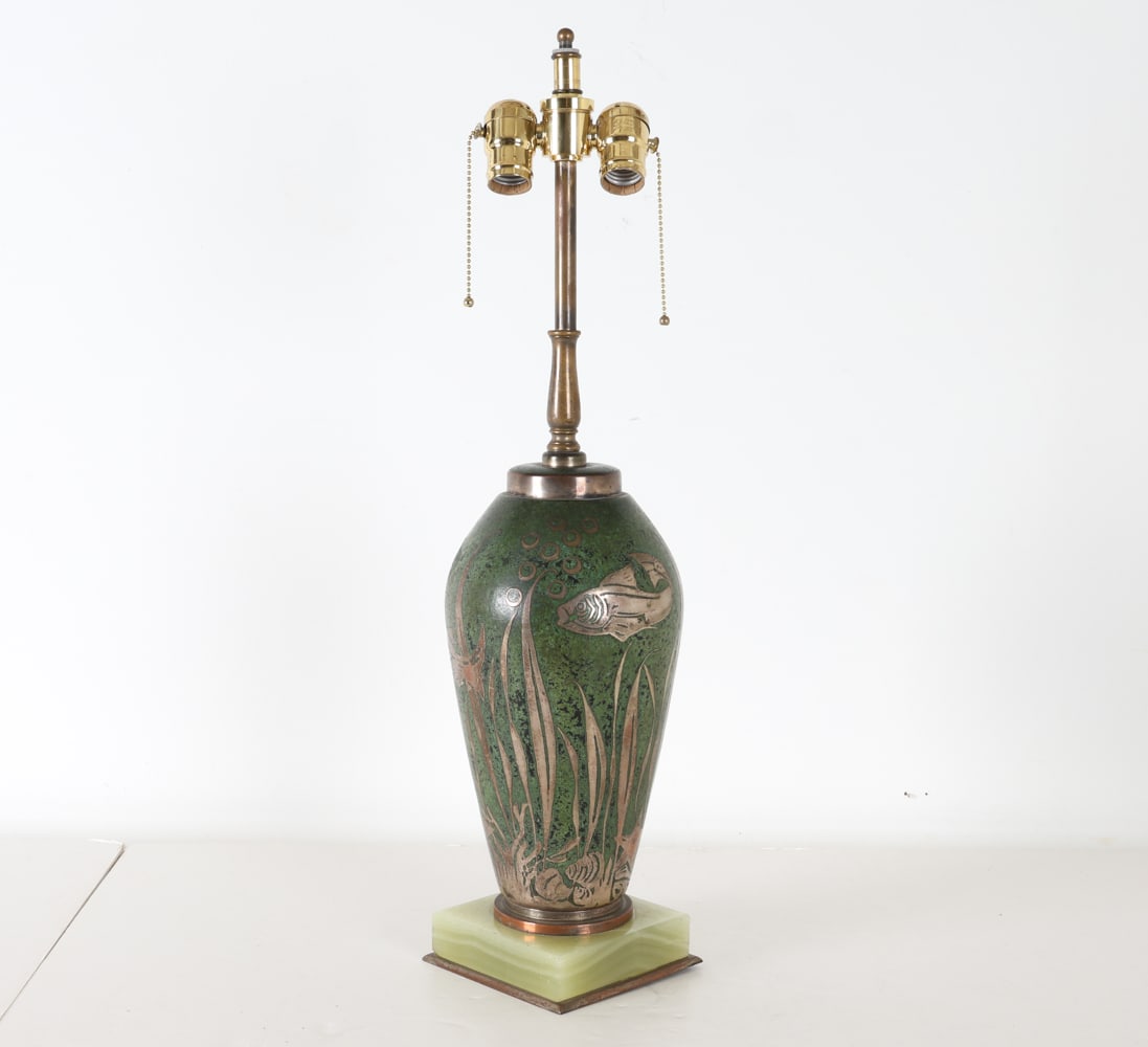 ATTR. HEINTZ SILVER OVERLAY COPPER VASE LAMP (1 of 14)