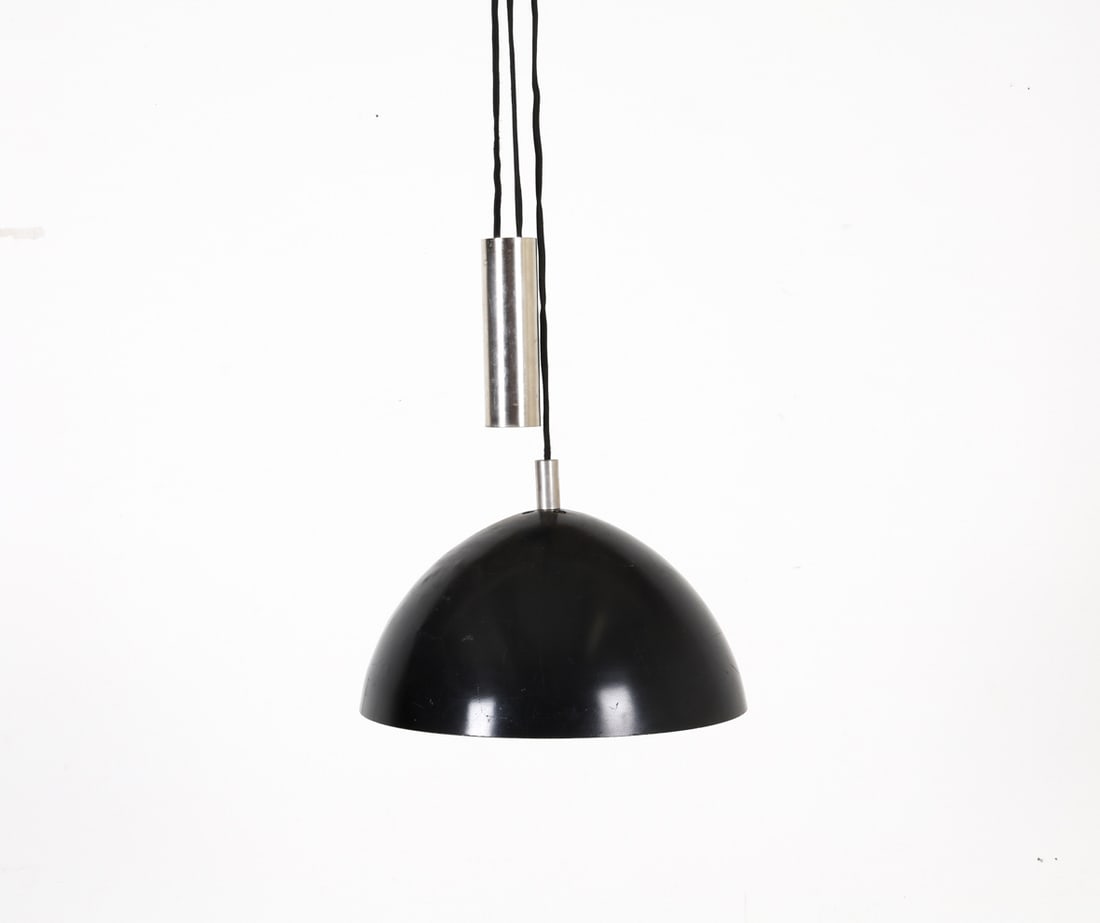 SCANDINAVIAN MID-CENTURY COUNTERWEIGHT PENDANT: Adjustable height with weighted mechanism. Circa 1960's. Dimensions: Shade H 8.5" x Dia. 12.5". To Canopy at Max H 74". Condition: Wiring untested, requires rewiring. Scattered scuffs, scratches to sh