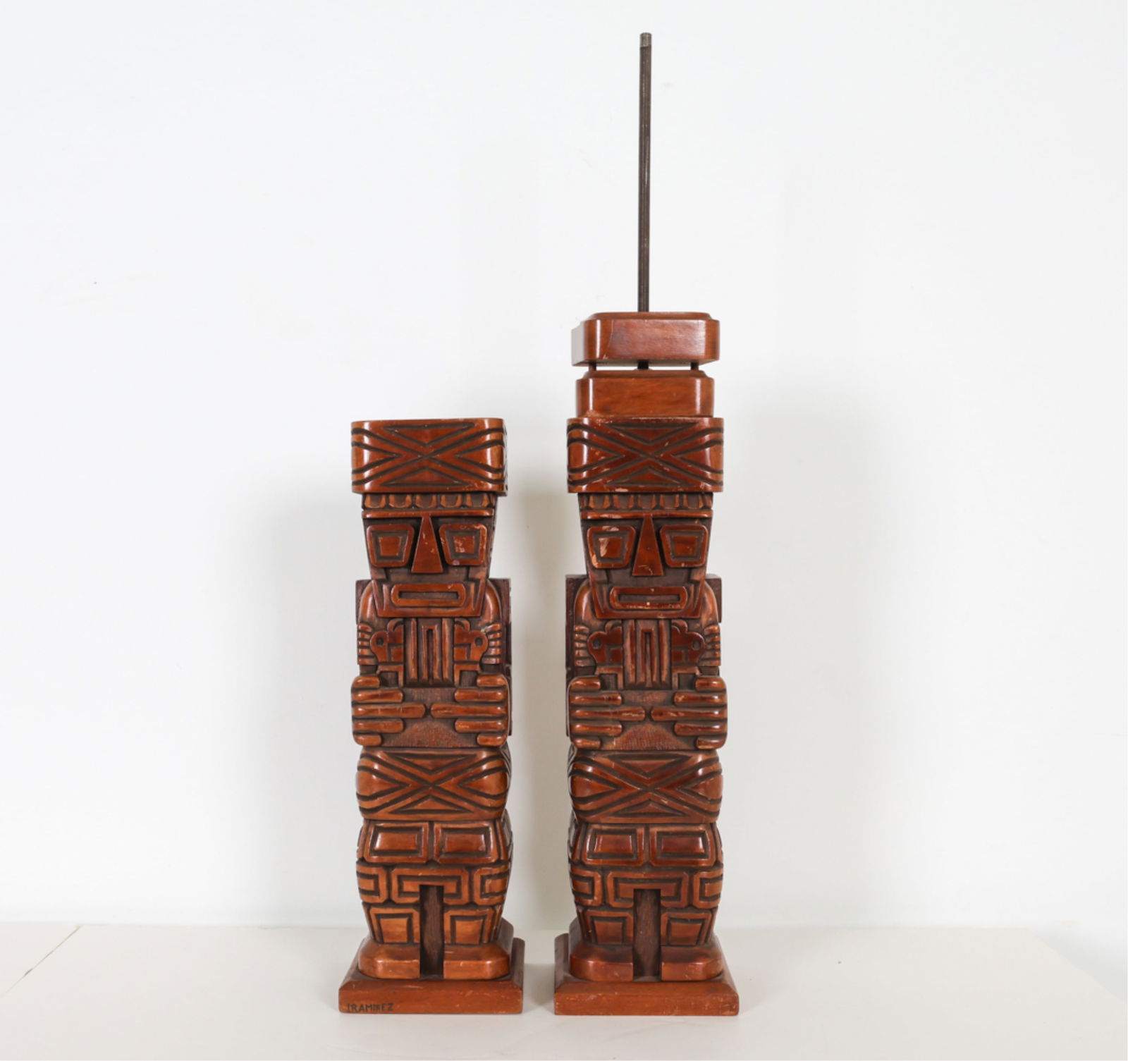 PAIR CARVED WOODEN TIKI FIGURE LAMP BASES C. 1960S (1 of 13)