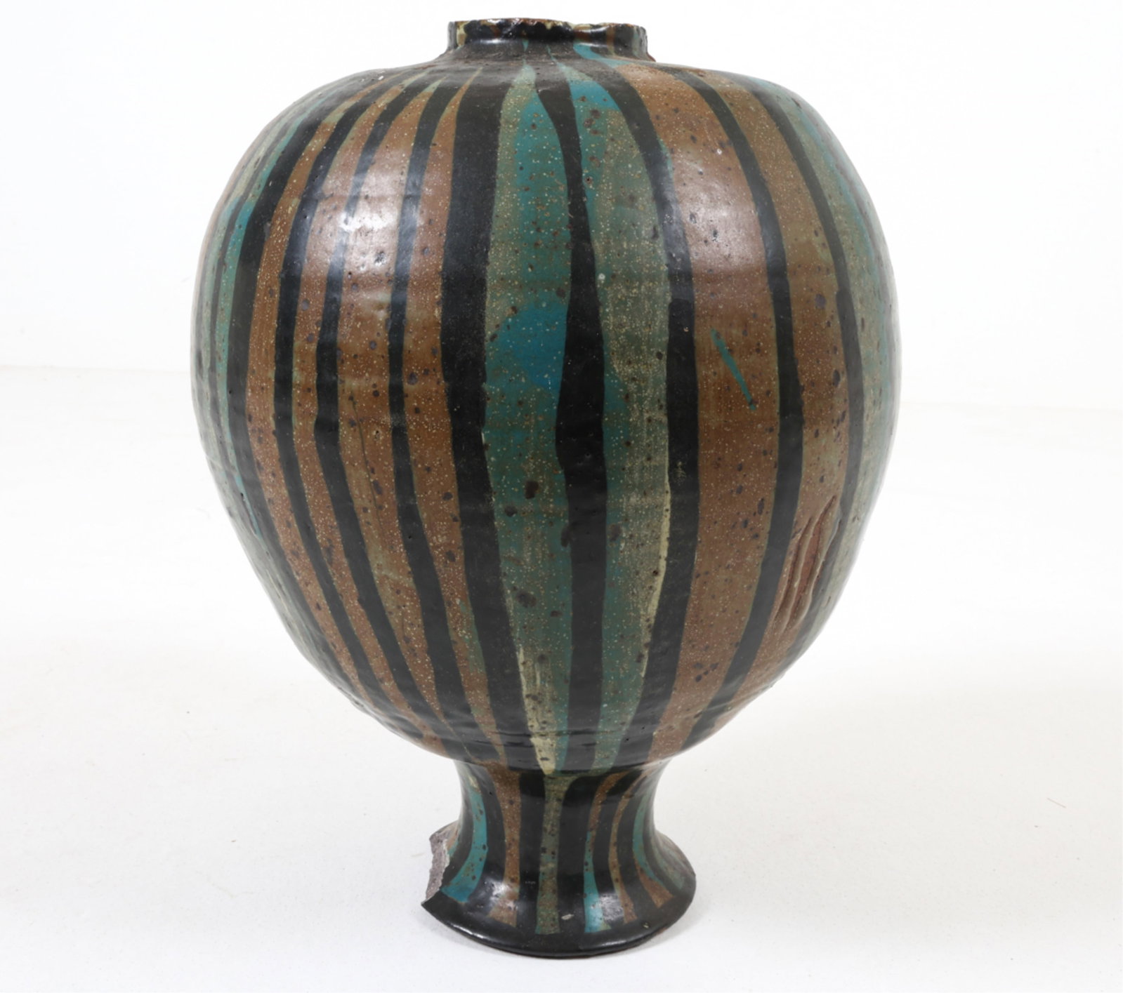 MID-CENTURY CERAMIC VASE FOR REPAIR: Apparently unsigned. Dimensions: H 18.5" x Dia. 11.75". Condition: Broken piece around base. Scuffs, dings, surface soiling.