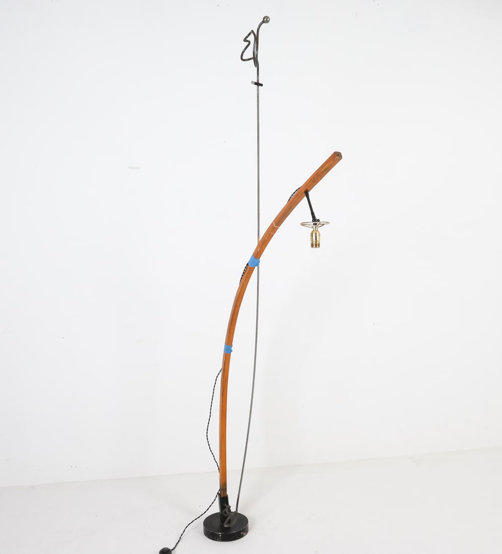 SCULPTURAL METAL AND WOOD FLOOR LAMP: Candidate for restoration. Mid to late 20th century. Dimensions: H 80" x W 26" x D 7.5" Condition: Wiring untested. Pieces are not fully connected. May be missing elements.