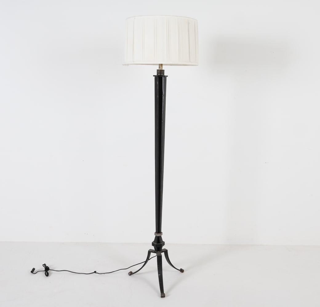 ART DECO STYLE IRON FLOOR LAMP: Paired with fabric shade. 20th century. Dimensions: H 72.25" x Dia. 19". Condition: Wiring untested. Some discoloration on shade. Wear consistent with age and use.