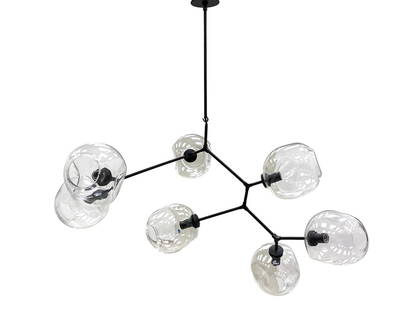 ATTR. LINDSEY ADELMAN 7-LIGHT GLASS CHANDELIER: Metal frame bubble chandelier with 7 bubble glass shades. Unsigned. Dimensions: H (to ceiling cap) 38" x W 38" x D 18" (Glass covers) H 9" x Dia 8" Condition: Not Tested, Cut wire. May need rewiring.