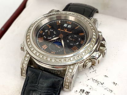 SWISS LUCIEN PICCARD DIAMOND BEZEL WATCH: Diamond halo in bezel setting stainless steel watch with leather band. Comes in original red leather Lucien Piccard box. Dimensions: L 10" Watch face Dia 2" Condition: Band clap requires repair. May r