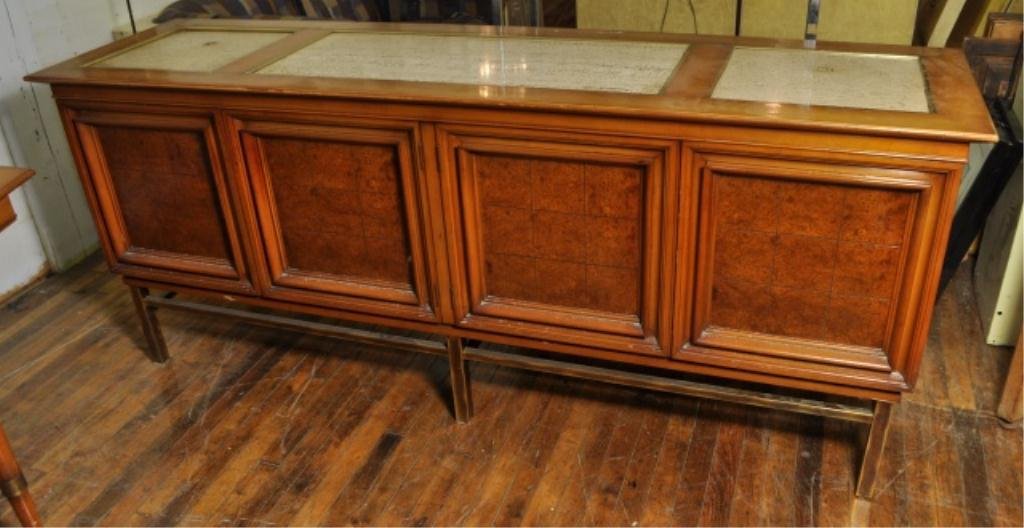 MID-CENTURY BLOND CREDENZA WITH MARBLE & BRASS: Measures: 75" x 20.5" x 31.5"