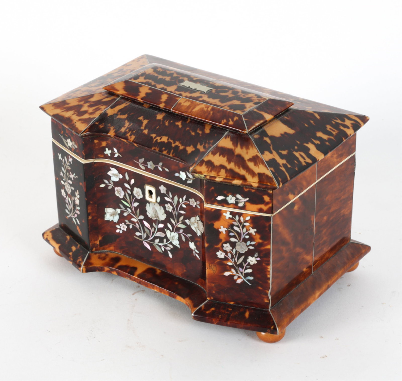 ANTIQUE 19TH C. ENGLISH TEA CADDY: No Key. 19th C. With inlay mother of pearl and bone, with velvet lined interior and 2 compartments with lids. Dimensions: H 6" x W 6.75" x D 5" Conditions: Subtle cracks and loss to finish. Hinges sho
