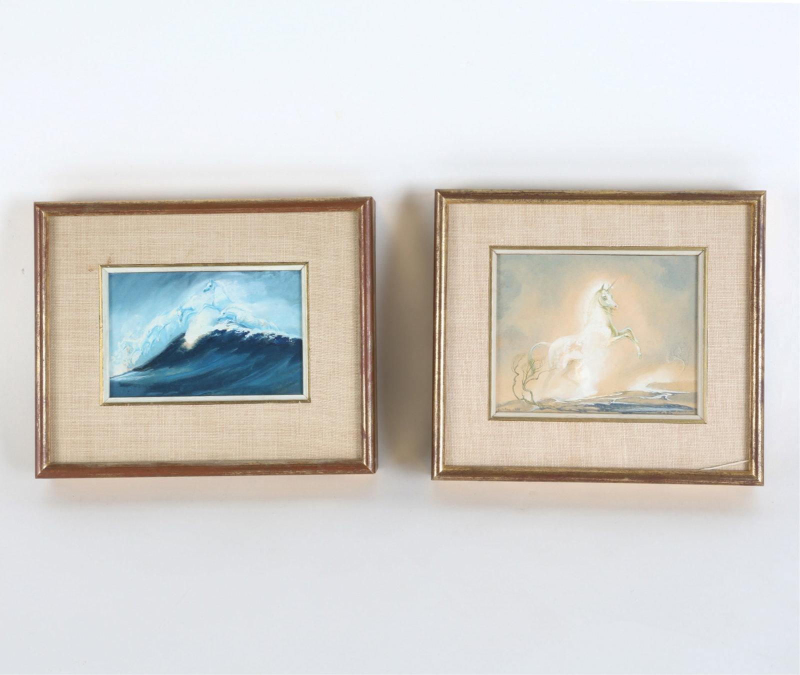 (2) RUTH RAY (1919-1977) - UNICORN WATERCOLORS: Both signed to corners. Comes with gallery tags and exhibition pamphlet to verso. Framed in gilt wood. Frames: (Largest) H 8" x 9.5". Sight: H 3.5" x 5.5". Condition: Dust backs are torn. Losses to gi