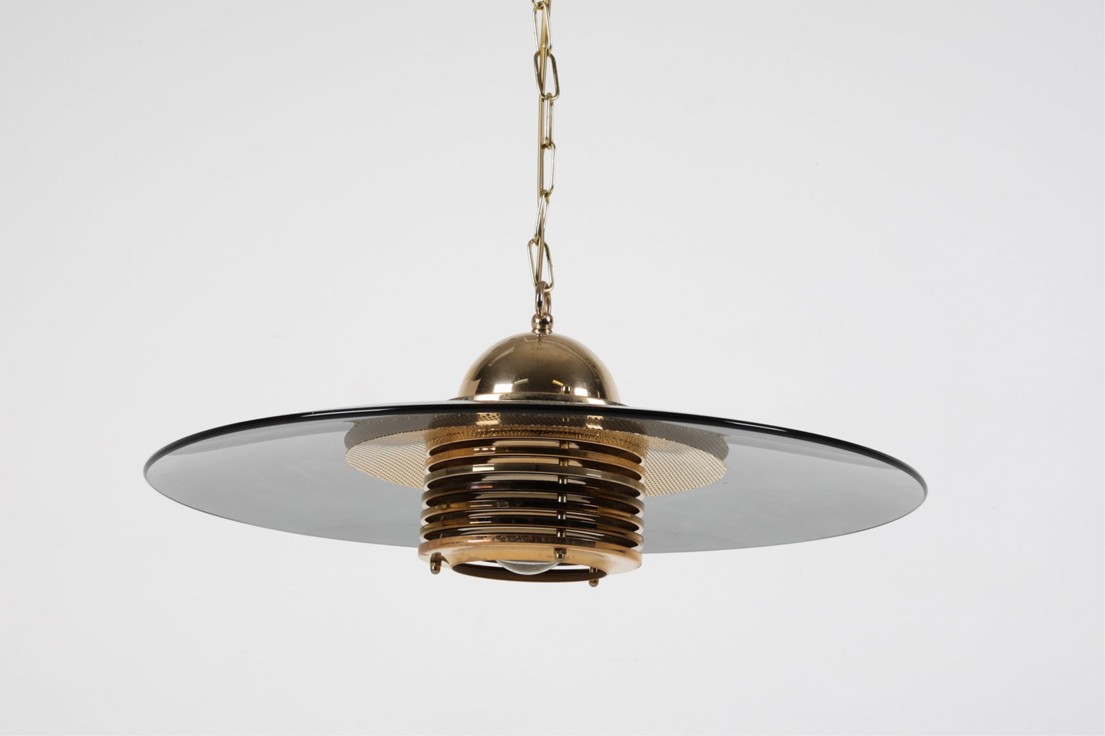 SWEDISH PENDANT CHANDELIER BY JAN-ESKIL C.1980'S: For Belid. Circa 1980's Apparently unsigned. Dimensions: (to ceiling cap) H 68" x Dia 20" Condition: Minor scratches to brass, consistent with age and use. Cut wire. May require rewiring. Untested. DM