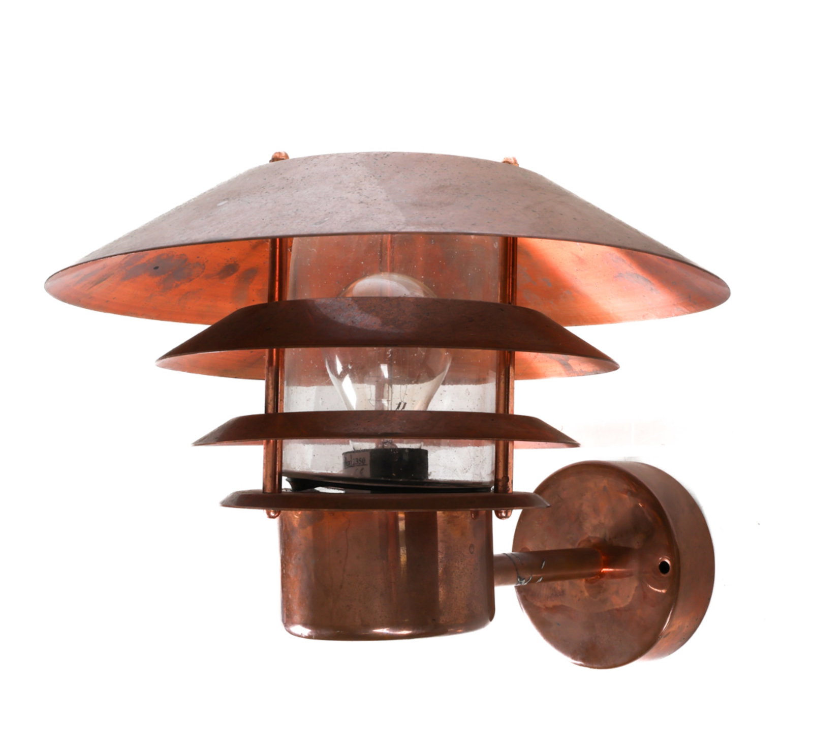 NORDLUX COPPER SAUCER OUTDOOR WALL SCONCE: Denmark, circa 1980's. Dimensions: H 7.75" x W 12.5" x Shade Dia. 12". Condition: Wiring untested. Scattered scuffs and surface scratches, some surface soiling. Wear consistent with age and use. DMK05