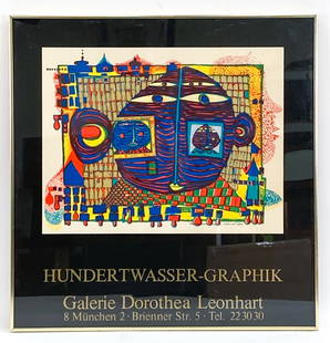 FRIEDENSREICH HUNDERTWASSER EXHIBITION POSTER: Gallery Exhibition poster from Galerie Dorothea Leonhart. Hundertwasser-graphik. With a lithograph of Addio dall Africa. Frame: H 32" x W 31.5" Sight H 31" x W 30.5" Condition: Loss to glass to top co