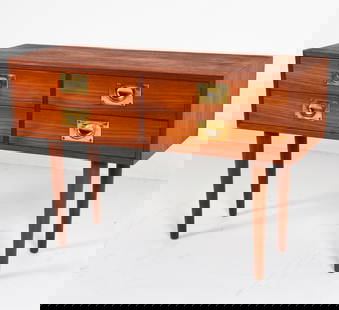 KAI KRISTIANSEN ROSEWOOD END TABLE, CIRCA 1970'S: For Feldballes Mobelfabrik. Tag on back. Brass ring drawer pulls. Denmark. Dimensions: H 22.75" x W 33.75" x D 12.5". Condition: Wear consistent with age and use. B125