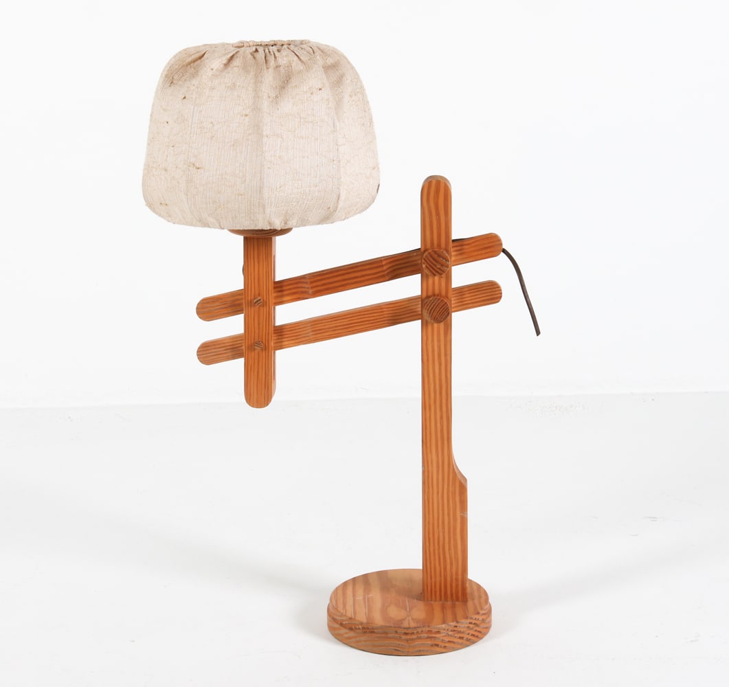 DANISH PINE ADJUSTABLE TABLE LAMP.C.1960'S: Honsel label to underside. With woven linen shade. Dimensions: H 29" x W 17" x D 9" Condition: Marks and scuffs to wood. No harp. Cut wire, untested..