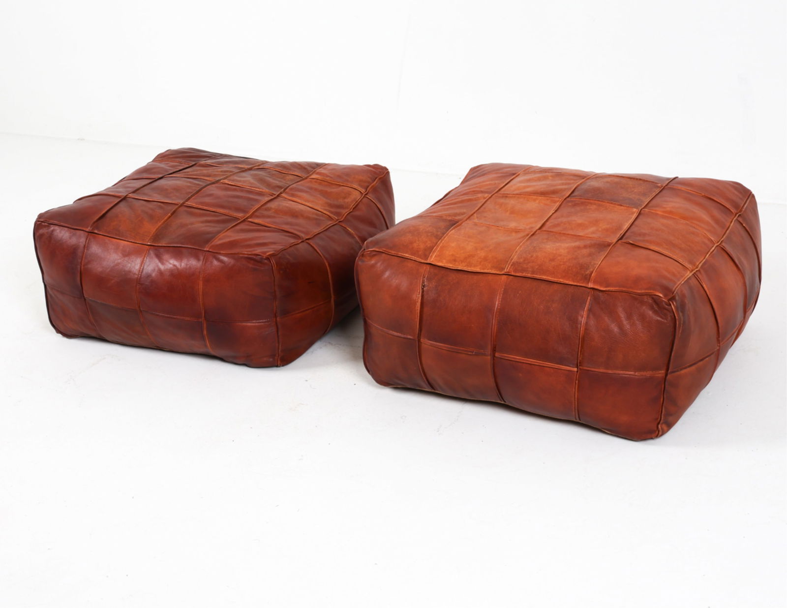 PAIR OF VINTAGE SQUARE LEATHER OTTOMAN POUFS (1 of 14)