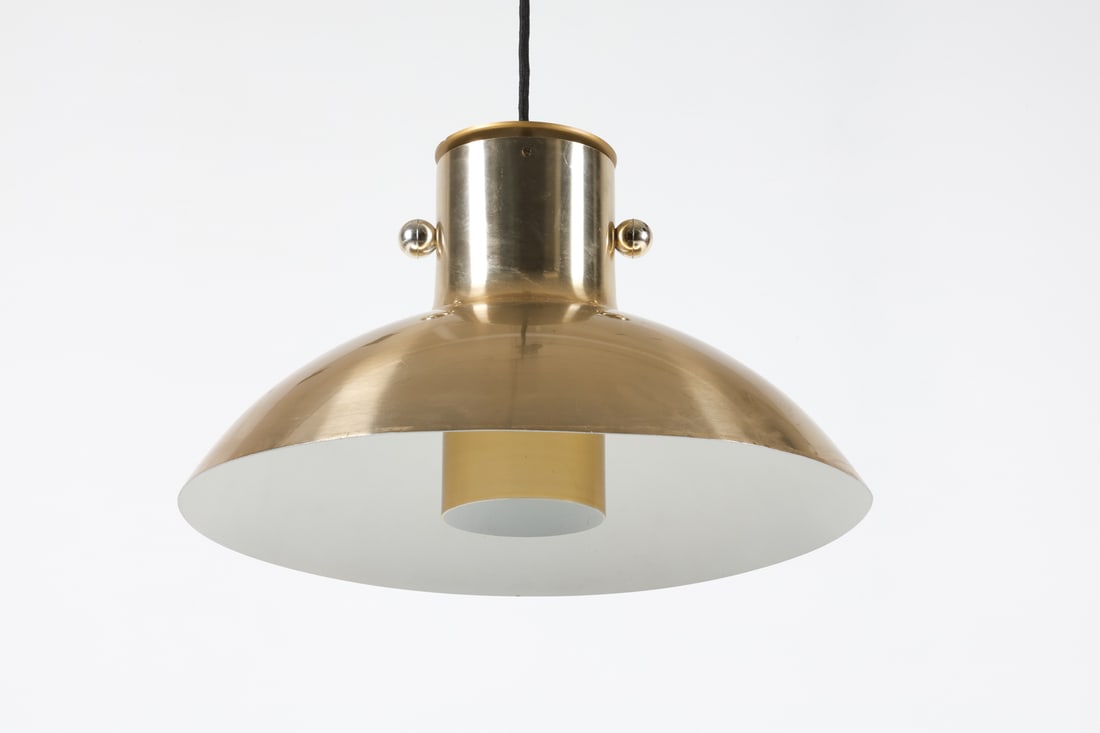 LYFA BRASS SAUCER PENDANT LIGHT, C.1970'S: Tag inside near wire. Denmark. Dimensions: H 10" x Dia. 16". Condition: Wiring untested, cords cut. Few scuffs, some surface soiling and dust. Minor tarnished spots to brass on knobs with scuffs along