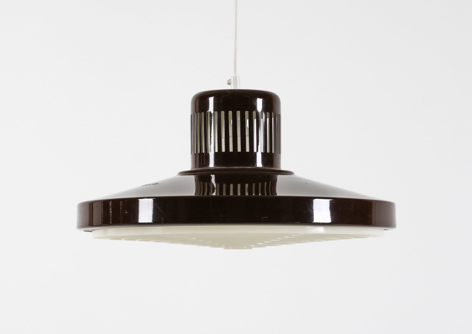 DANISH BROWN SAUCER PENDANT LIGHT, CIRCA 1970'S: Dimensions: H 6.75" x Dia. 15". Condition: Wiring untested, cords cut and require rewiring. Few scuffs and surface scratches. Wear consistent with age and use.