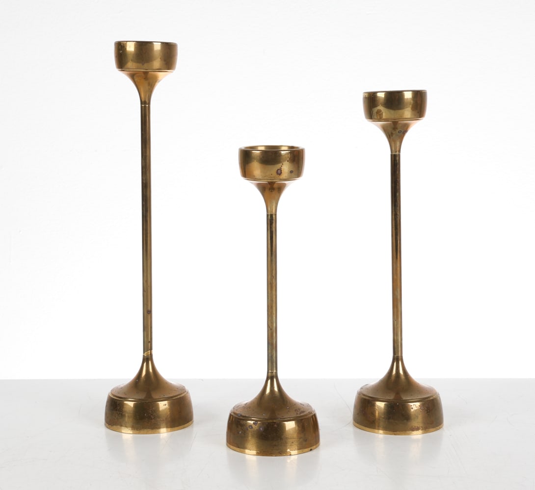 (3) SCANDINAVIAN BRASS TULIP STYLE CANDLE STICKS: Dimensions: (tallest) H 12" x Dia 3" Condition: Tarnishing to brass, Minor marks and scuffs to bases and posts.