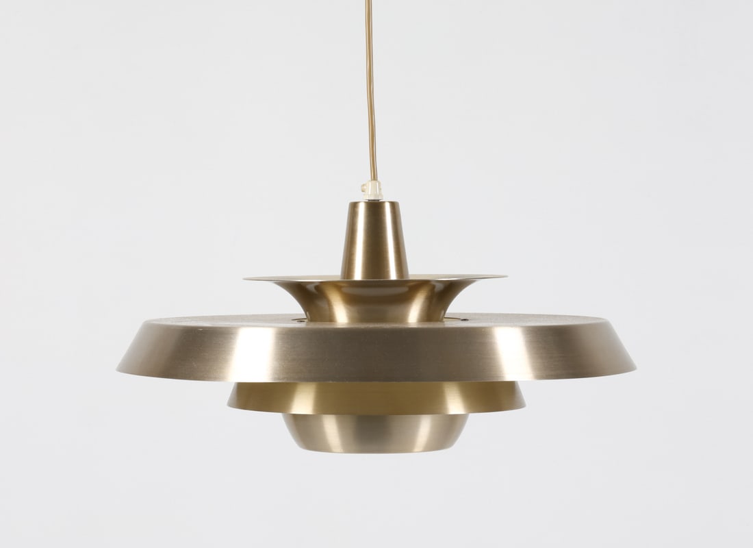 DANISH BRASS TONE SAUCER PENDANT LIGHT CIRCA 1970S: Dimensions: H 9.5" x Dia. 17". Condition: Wiring untested, cords cut, Few light scuffs. Wear consistent with age and use.