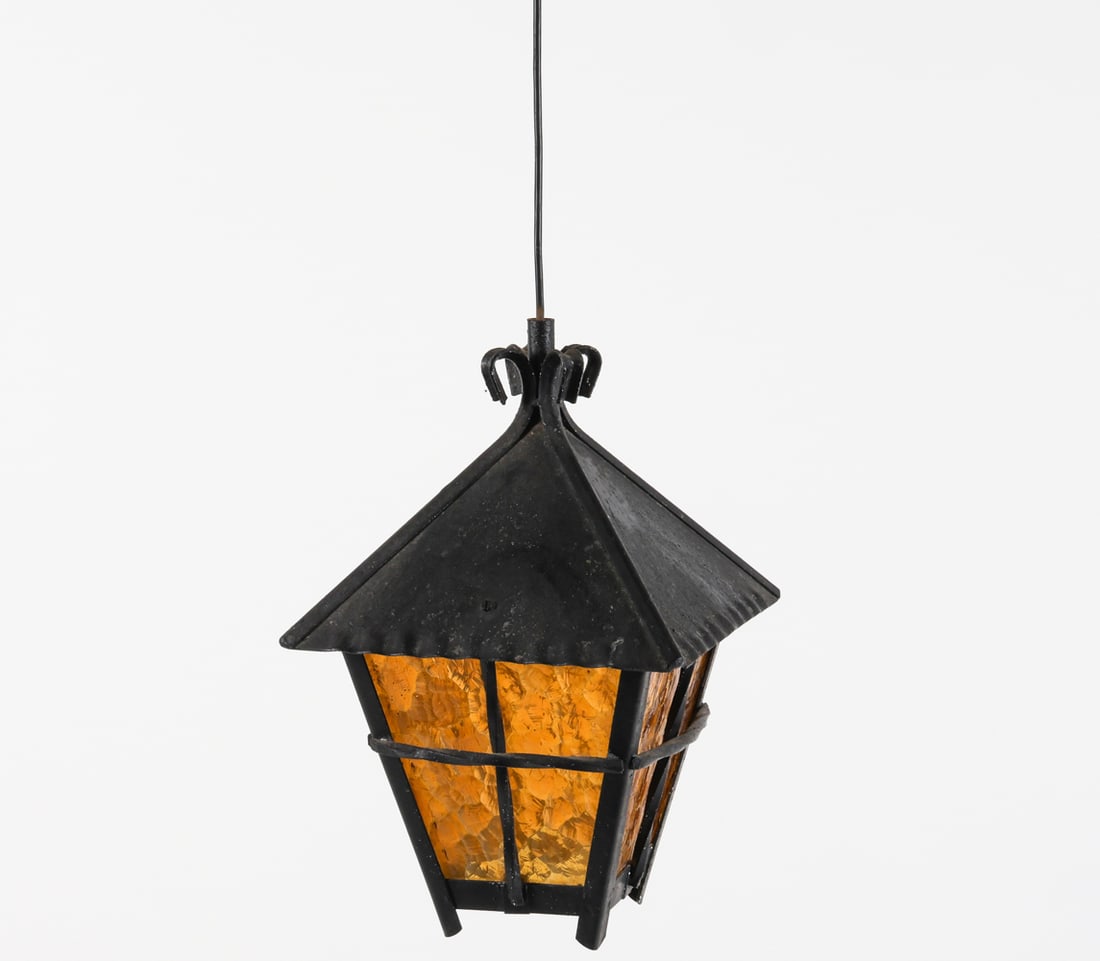 WROUGHT IRON & AMBER GLASS LANTERN LAMP C.1960'S (1 of 13)