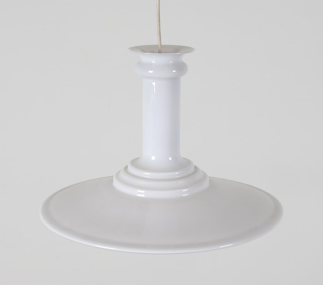 HOLMEGAARD 'MYTHOS' MILK GLASS PENDANT LIGHT: Designed by Sidse Werner. Denmark, circa 1970's. Dimensions: H 14" x Dia. 19". Condition: Minor scuffs and surface marks. Cords cut, . Wear consistent with age and use. PER B170
