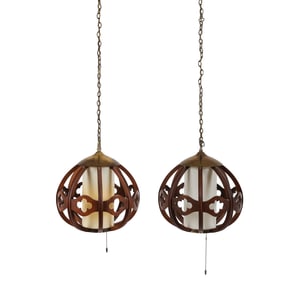 (2) MODELINE TEAK & GLASS PENDANT LIGHTS, C.1960'S
