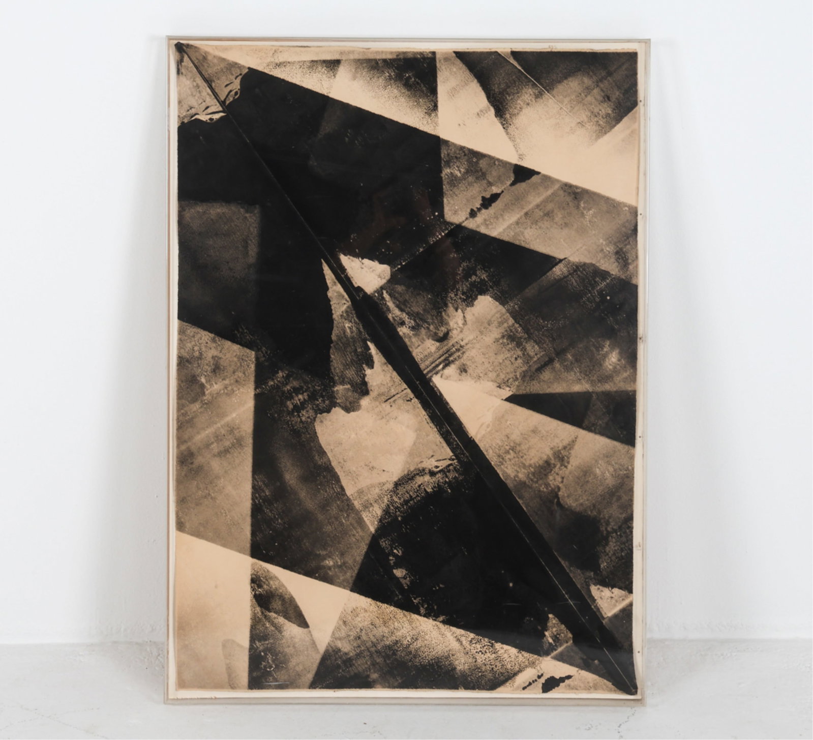 JEFFREY BEARDSALL (ENGLISH, 1940-2015) PRINT: Folded mixed media monoprint in plexi box frame. Signed and dated on back, 1975. Dimensions: H 42.75" x W 30.75" x D 2.75". Condition: Minor separation in seams of plexi box. Not examined out of frame