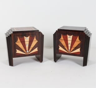 (2) ART DECO STYLE NIGHTSTANDS W/ INLAID WOODS