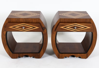 (2) ART DECO STYLE BURL WALNUT NIGHTSTANDS