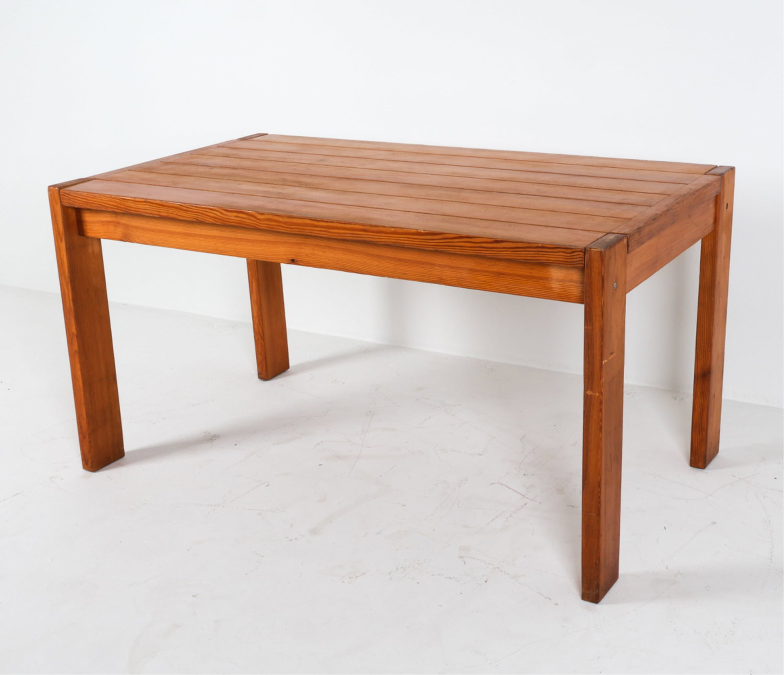 PINE DINING TABLE: Mid to Late 20th century. Dimensions: H 29.25" x W 55.25" x D 32". Condition: Few scuffs, rubs, dings along edges. Few spots of discoloration on top, some surface soiling. Wear consistent with age and