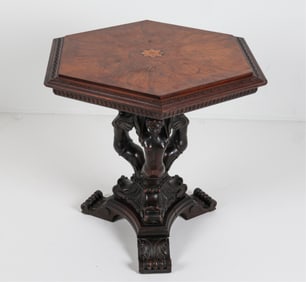 RENAISSANCE STYLE BURL WOOD FIGURAL NUDE TABLE