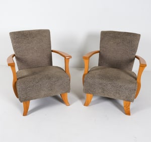 (2) OAK UPHOLSTERED ARM CHAIRS FOR COLLINS & HAYES