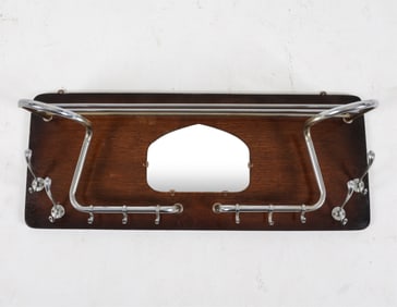 MID-CENTURY OAK & CHROME MIRROR COAT RACK