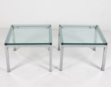 PAIR OF CHROME & GLASS SIDE TABLES