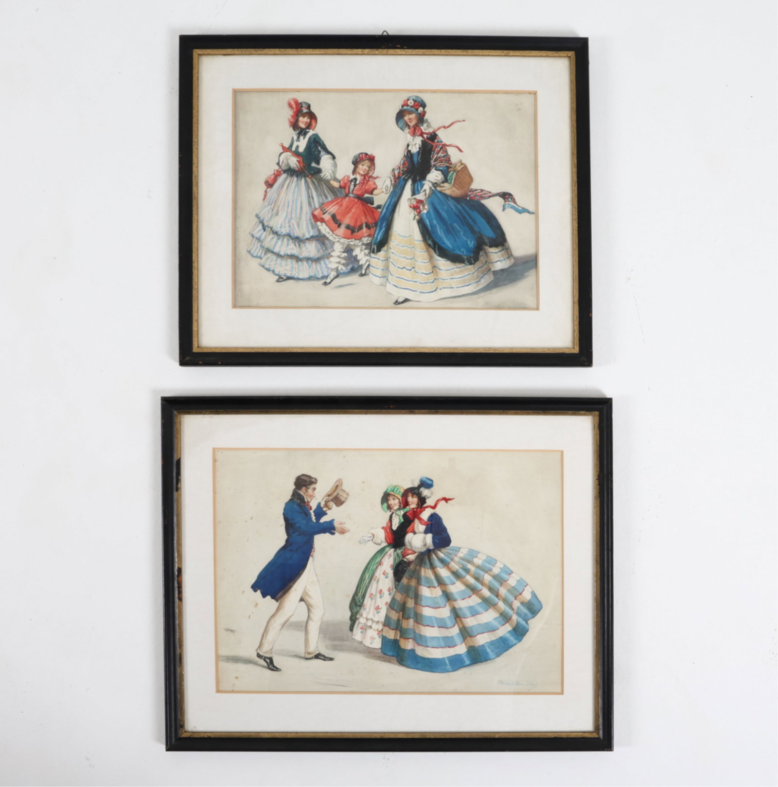 (2) MARGARET HAMILTON (1867-1952) WATERCOLORS: Pair of watercolor illustrations. Signed on front in lower right corner. One is signed on back and titled 'The Morning Walk'. Late 19th or early 20th century. Dimensions: Frame 20.25" x W 26". Sight H