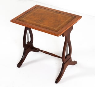 MAHOGANY LEATHER TOP LYRE BASE SIDE TABLE